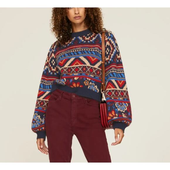 Farm Rio Red White Blue Fair Isle Sweater MEDIUM Balloon Sleeves Oversized $175 - Picture 1 of 11